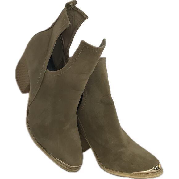Miim V Cut Tan Block Heel Faux Suede Western Point Toe Ankle Boot Women 9 - Picture 3 of 11